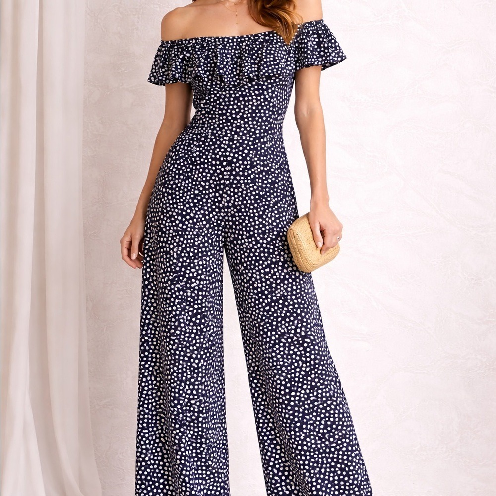 Betsey Johnson Navy and White Off-Shoulder‎ Jumpsuit - Picture 9 of 9